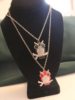 Owl necklaces (two), metal, enamel & crystals. Two for one price.
